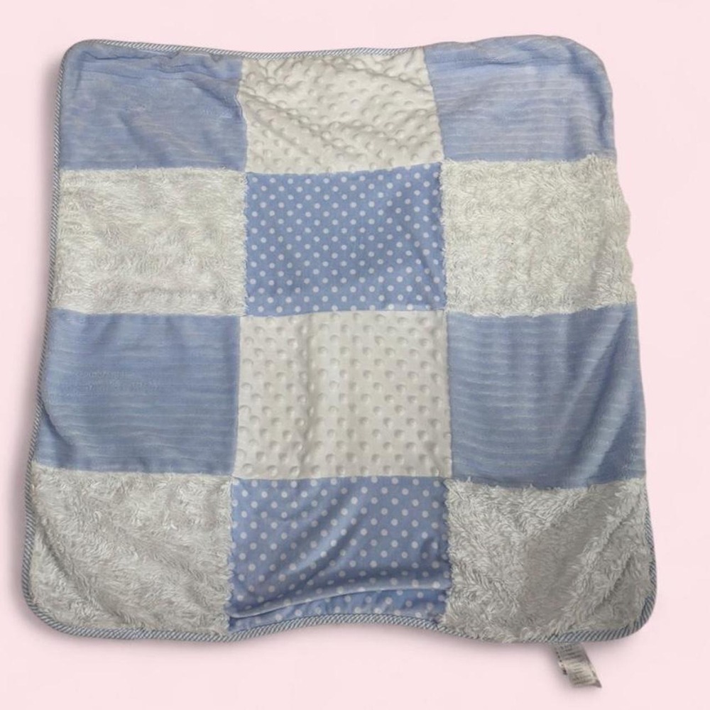 Crown & Ivy Blue Patchwork Baby Blanket Minky Polka Dot Textured 27x29
